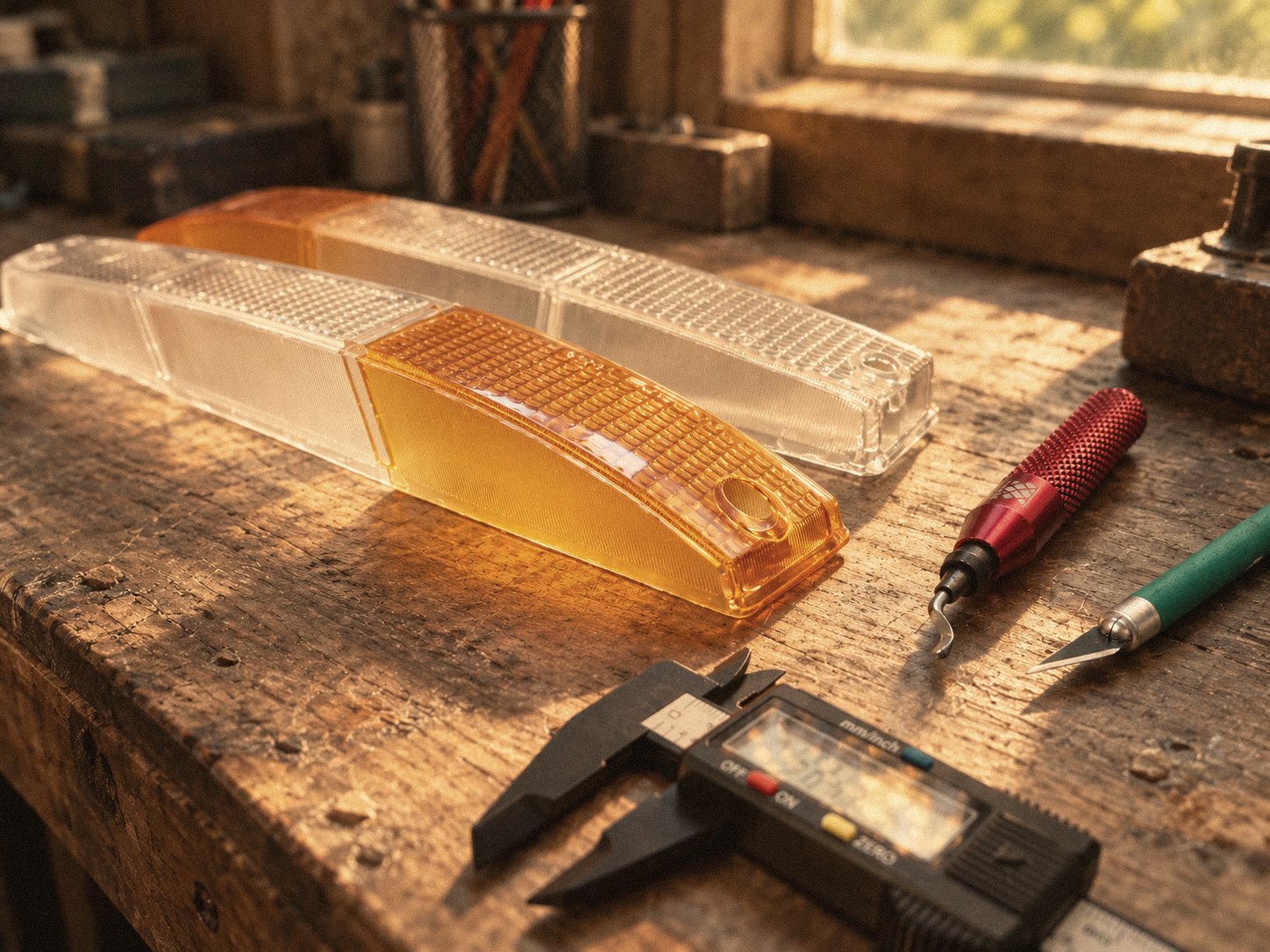 Lens blanks and hand tools on a sunlit workbench