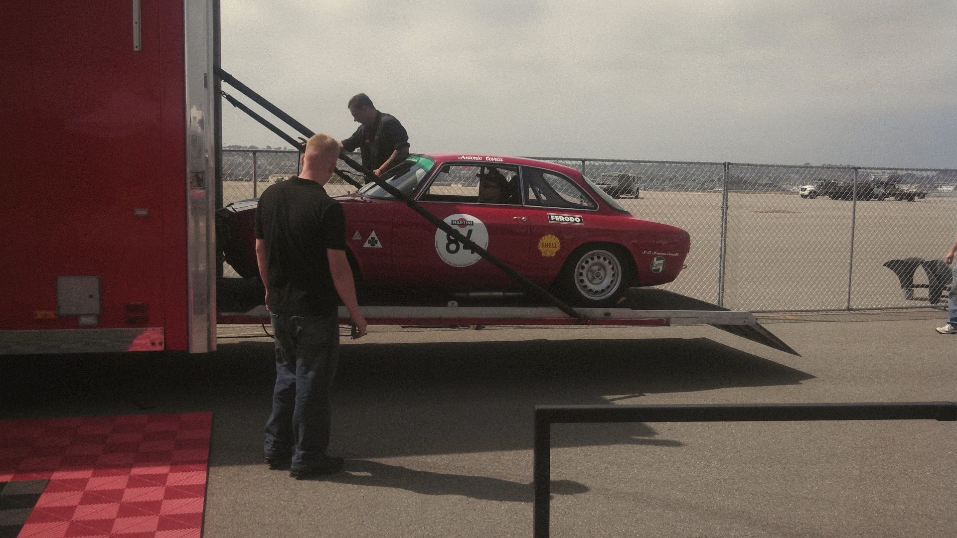 Loading the car into the team transporter